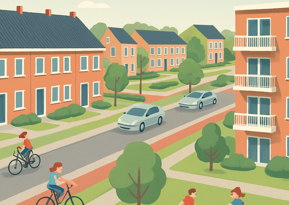 Een gestileerde illustratie van een Nederlandse woonwijk